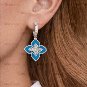 Silver Plated Blue Enamel Floral Earrings with Brilliant Crystal Pavé Detail